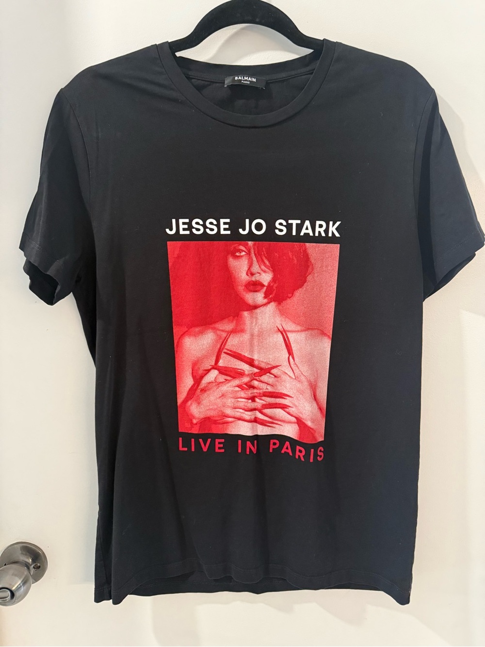 Balmain Black Short-Sleeve Graphic Tee with Red Jesse Jo Stark Print
